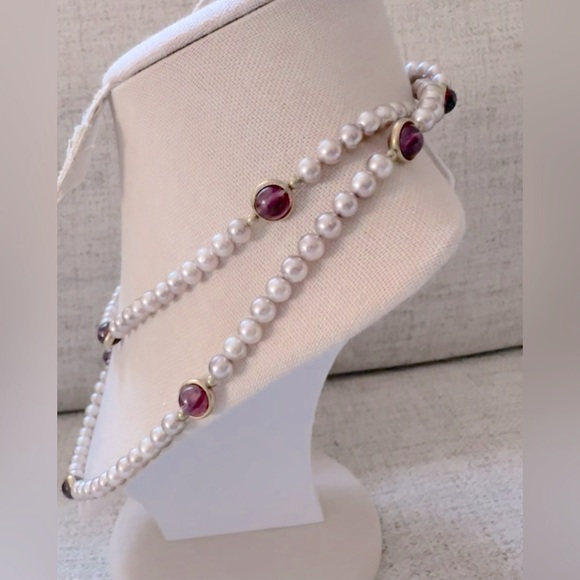 Silver pearls w purple cateye beads opera length necklace beautiful vintage - Picture 4 of 7